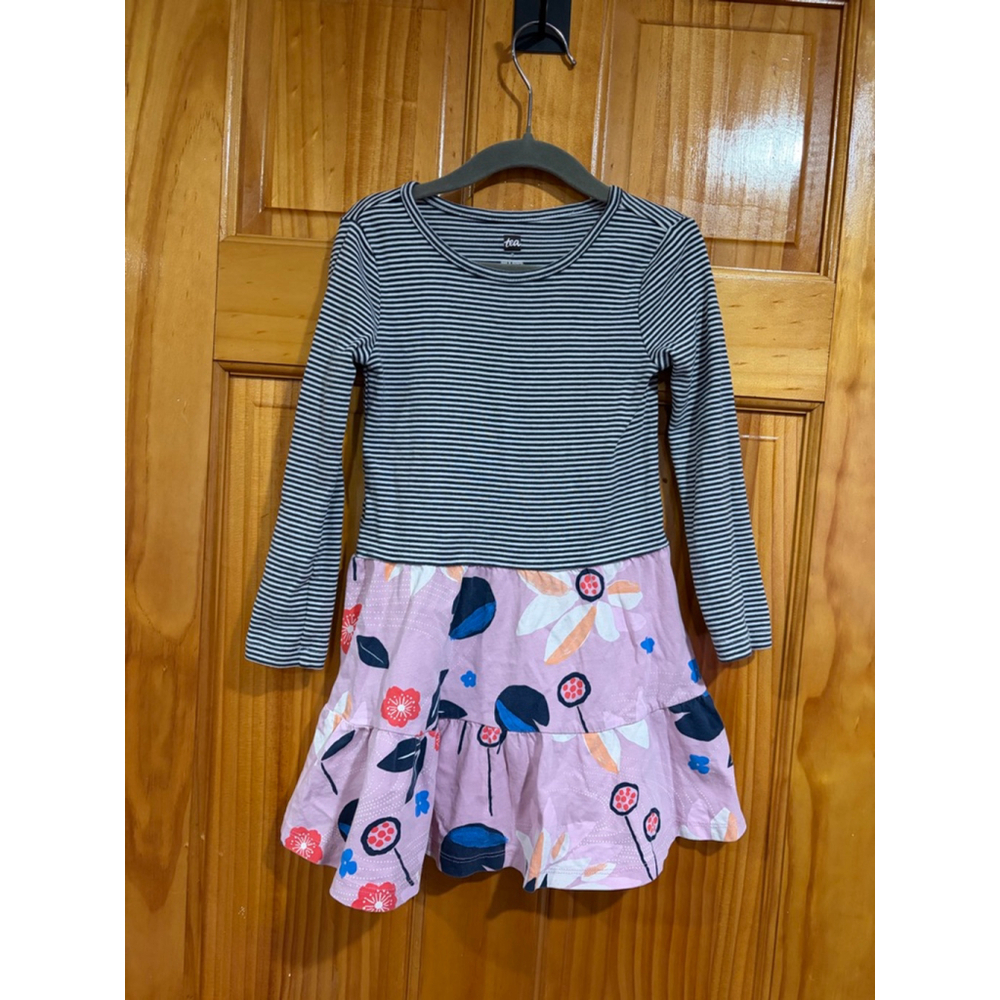 Tea Collection Girls Dress Size 5 Stripe Knit Top Floral Tiered Skirt Pink